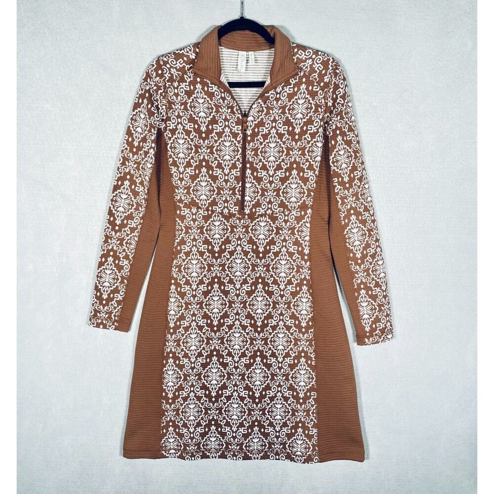 Sahalie Shirt Dress Womens M Brown Stretch Long Sleeve Midi Zip